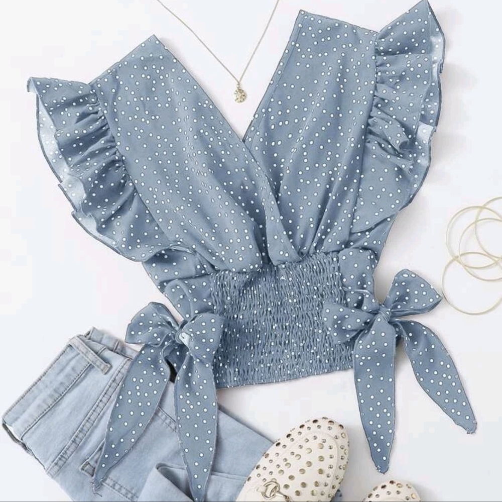 Ruffle Shirred Hem Polka-dot Crop Top